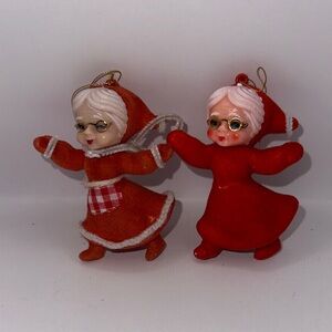 Two vintage red felt Mrs. Claus Christmas ornaments